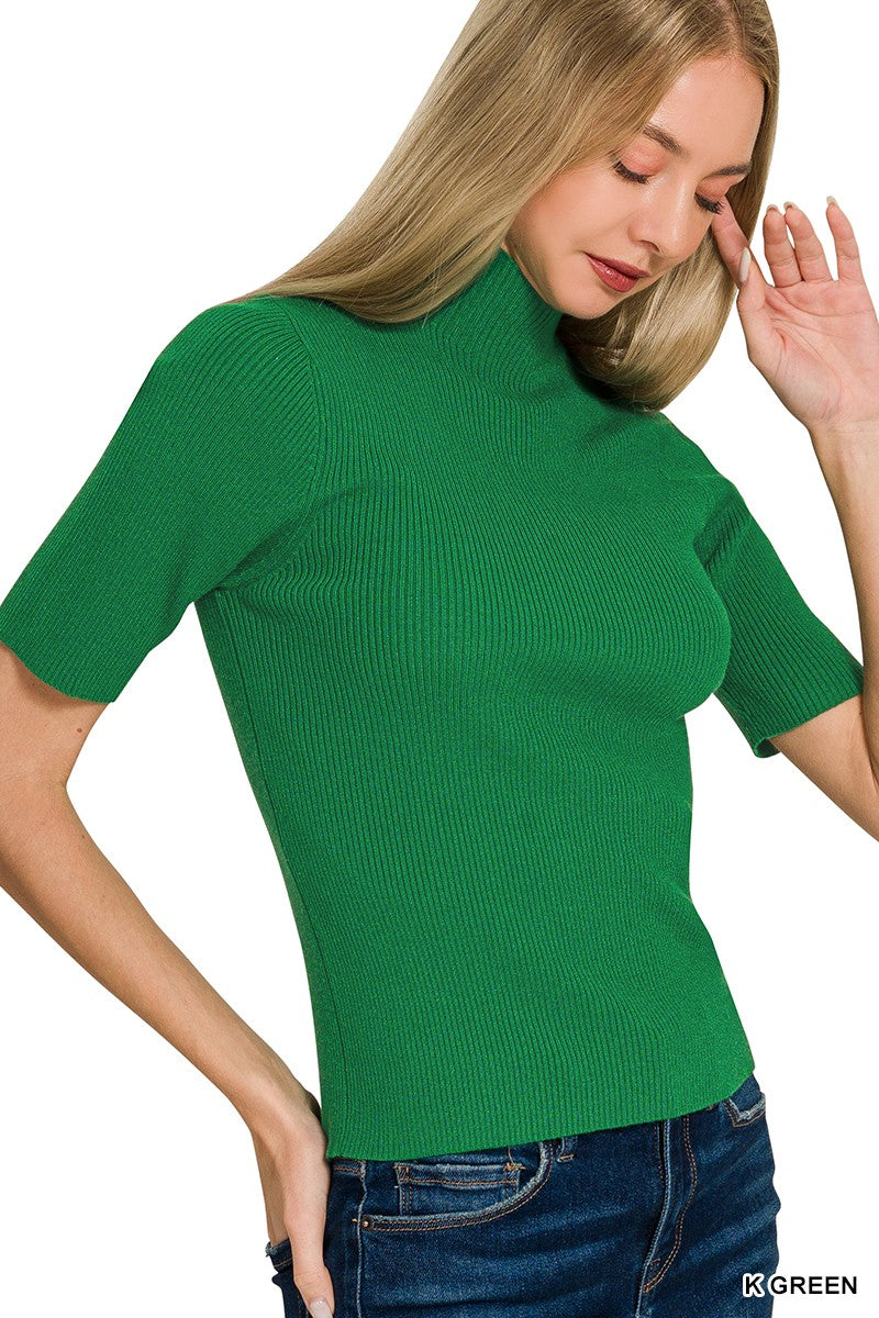 Zenana Ribbed Mock Neck Sweater in K Green
