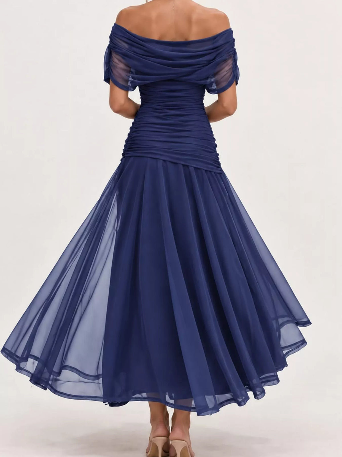 Off-Shoulder Ruched Tulle Evening Maxi Dress