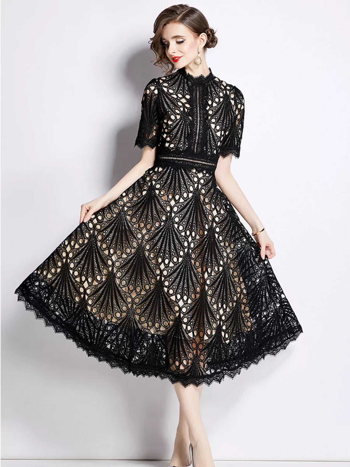 Lace Short Sleeve Midi Dress