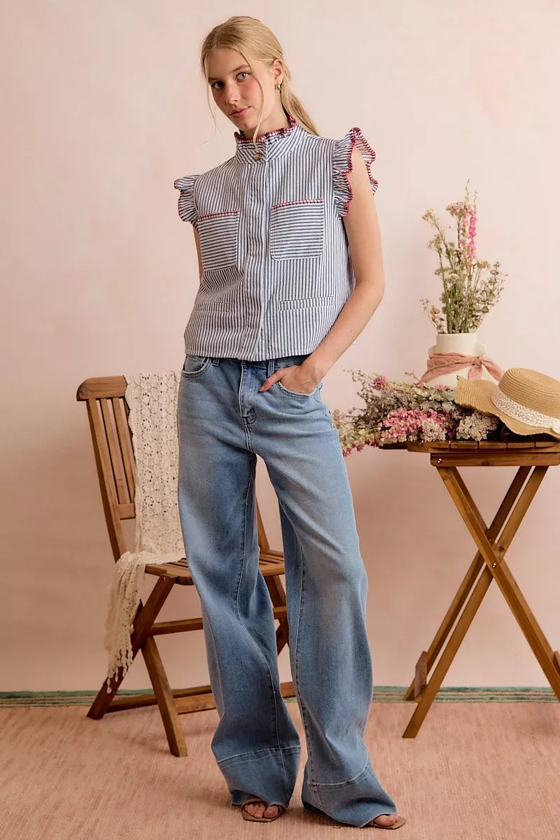 So Me Striped Ruffled Vest Top in Blue and Red in Blue/Red
