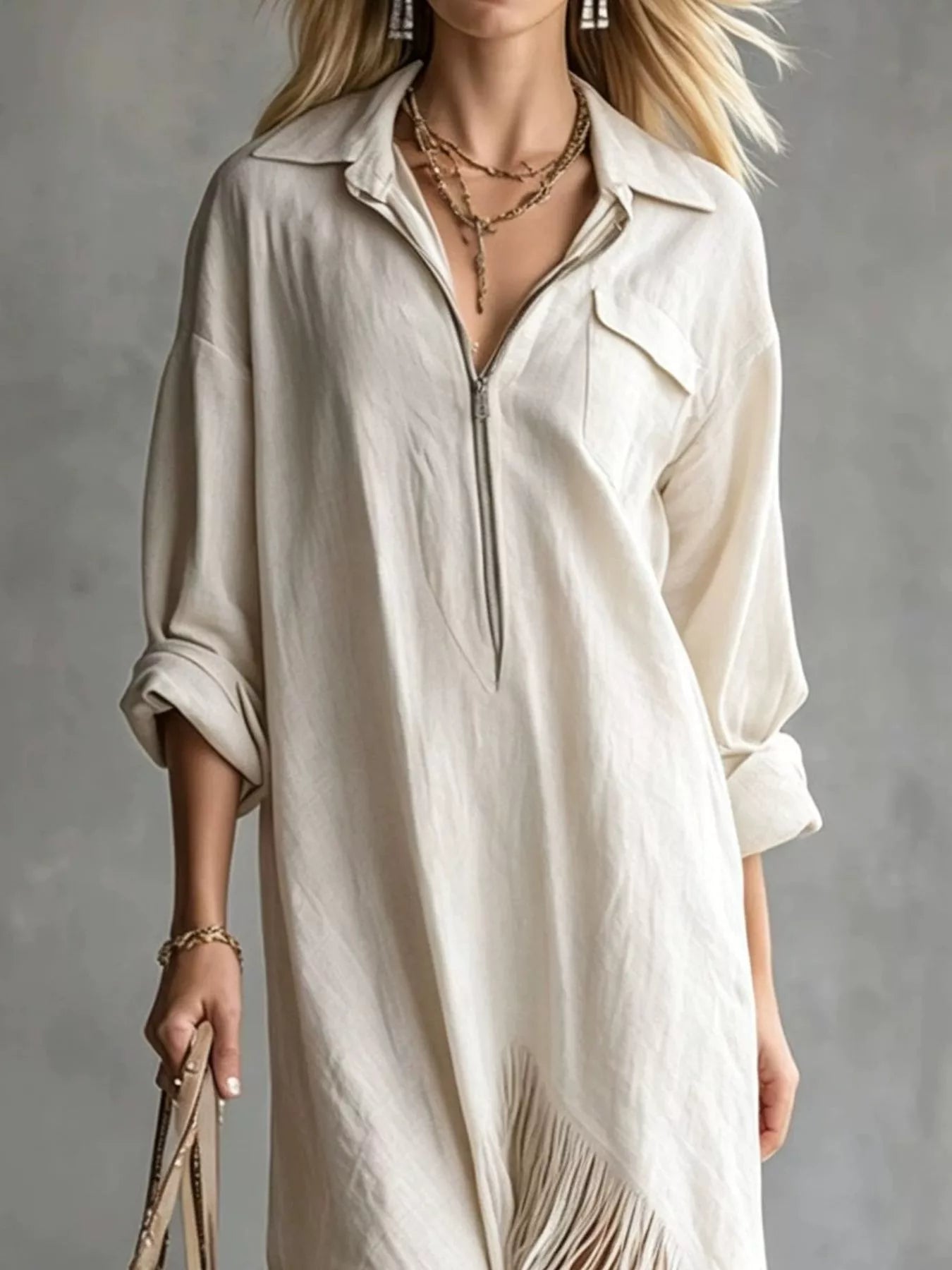 Fringe Hem Zip-Front Shirt Dress