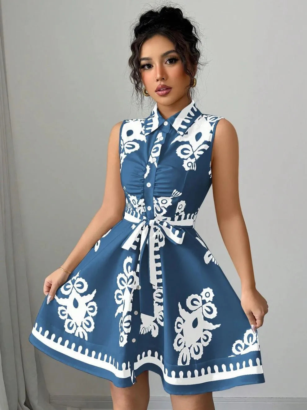 Printed Button-Front Sleeveless Dress