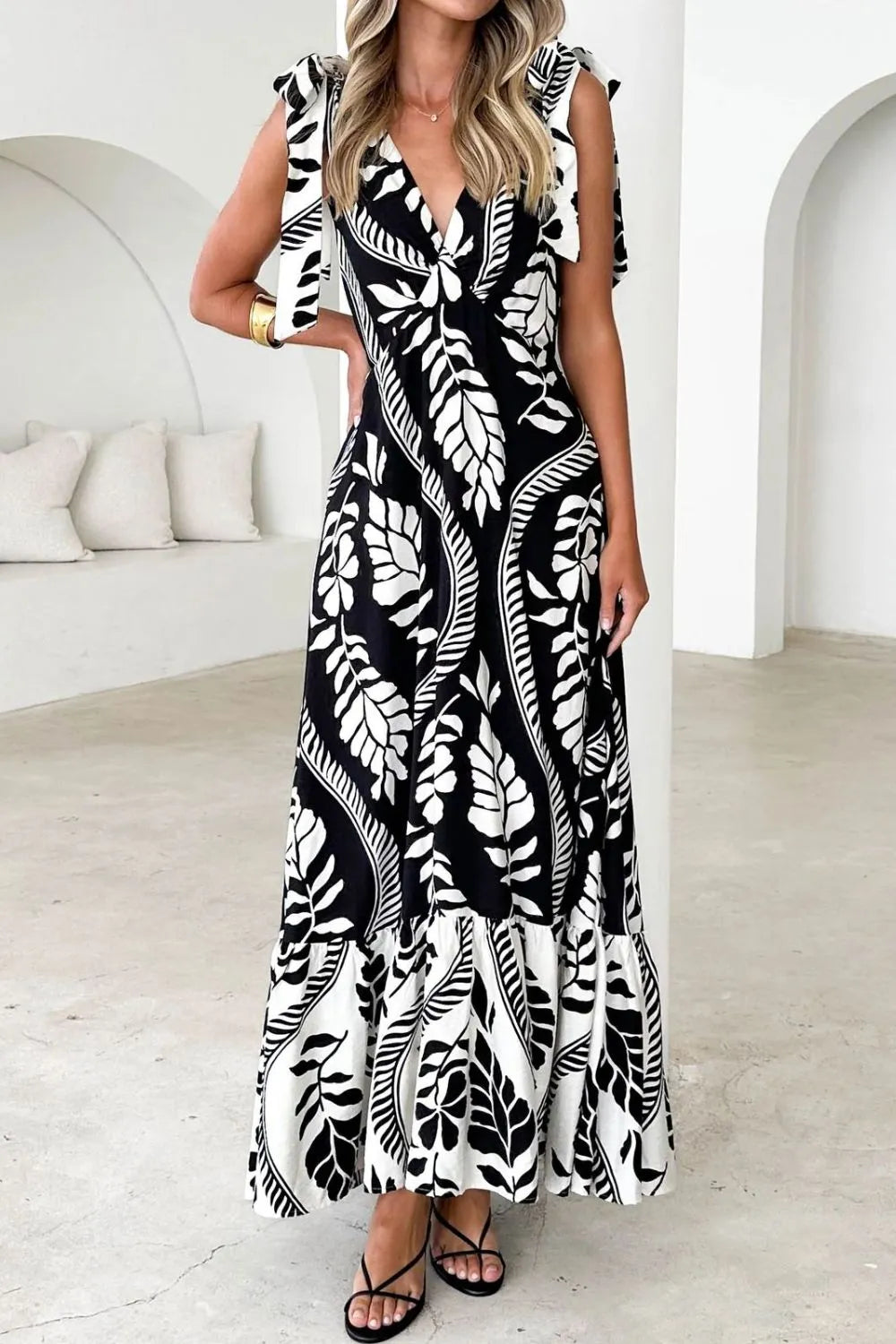 Printed Tie-Shoulder Ruched V-Neck Midi Dress