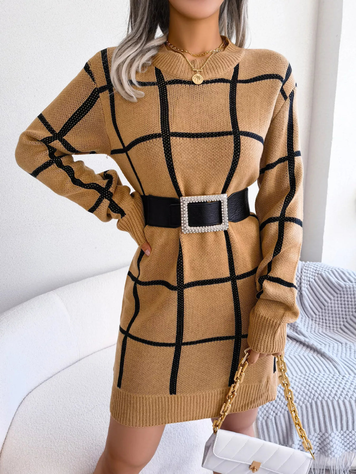 Plaid Long Sleeve Sweater Dress by Clise
