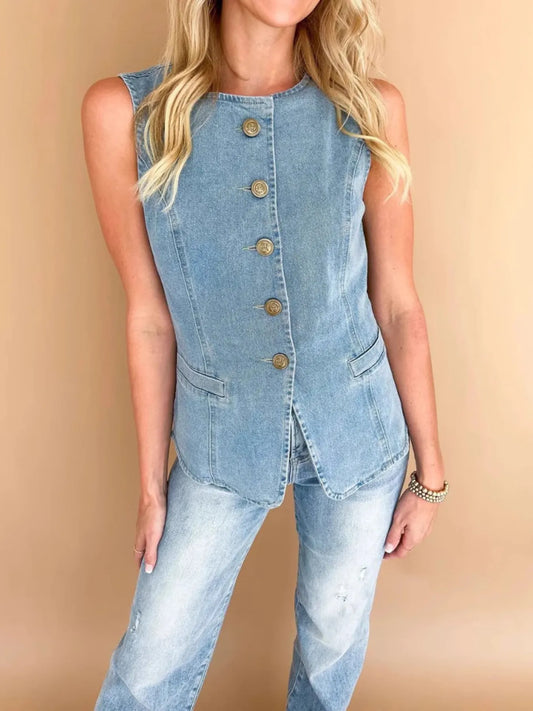 Sleeveless Button-Front Denim Vest in Light Blue by Ease Mee