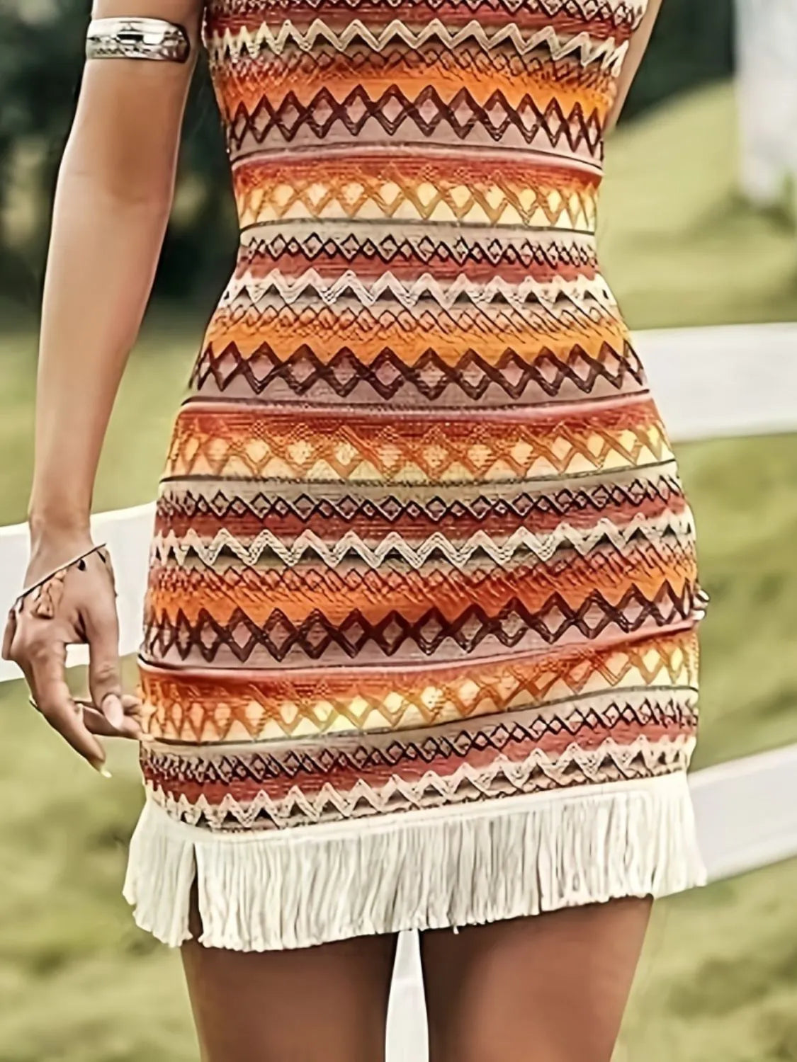 Fringe Grecian Neck Mini Dress in Sherbet