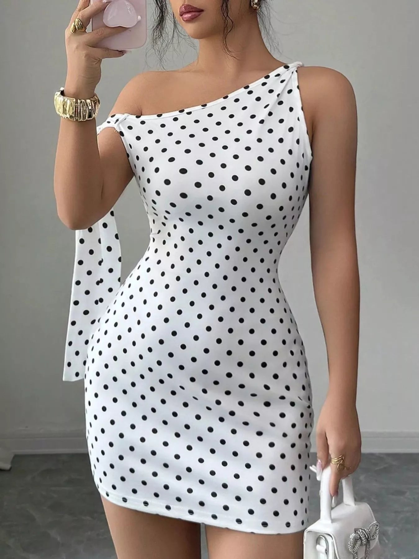 One-Shoulder Polka Dot Bodycon Mini Dress in White