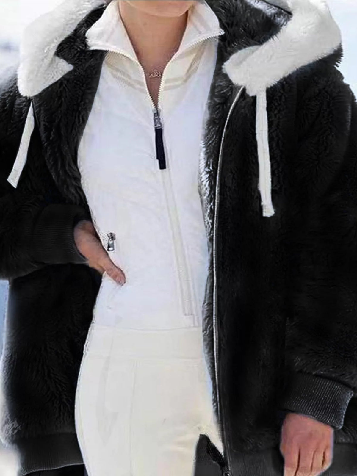 Faux Fur Hooded Zip-Up Jacket in White