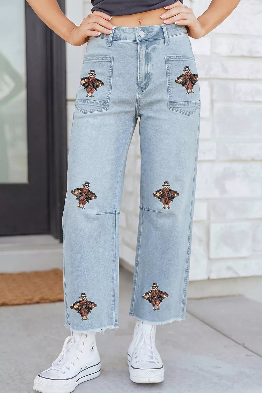 Sequin Patch Pocket Ankle Jeans in Light Blue