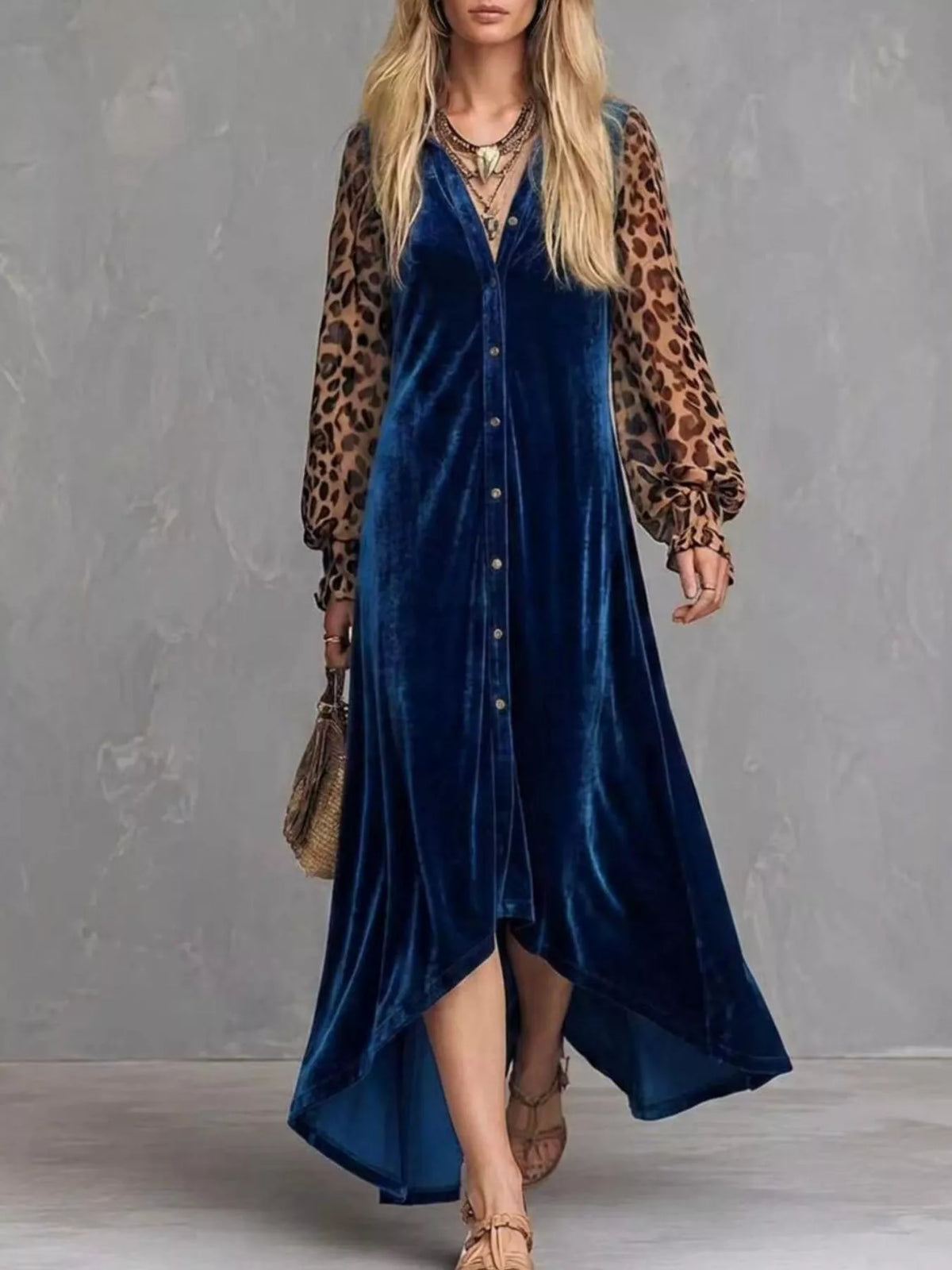 Leopard Velvet Button-Down Maxi Dress