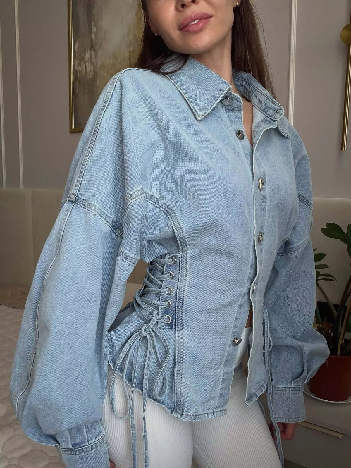 Lace-Up Side Denim Jacket in Light Blue