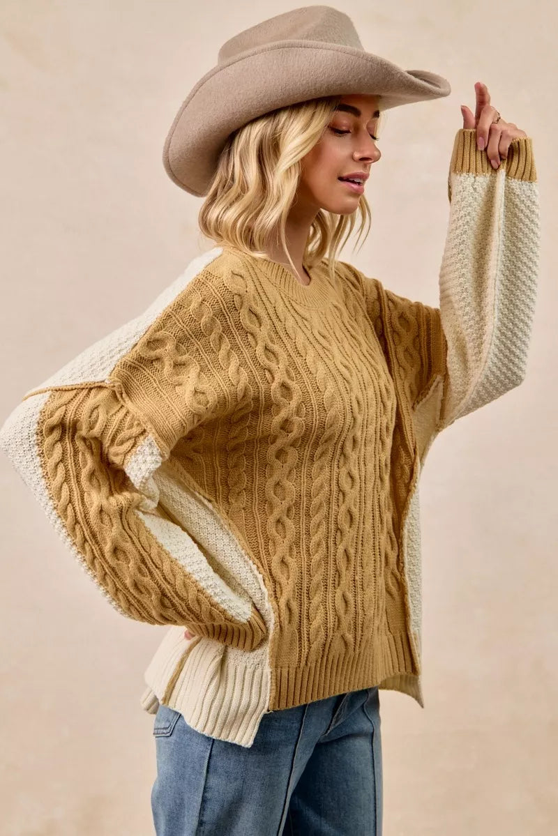 Mustard Ivory Cable Knit Hacci Combo Sweater in Lt mustard/ivory by BiBi