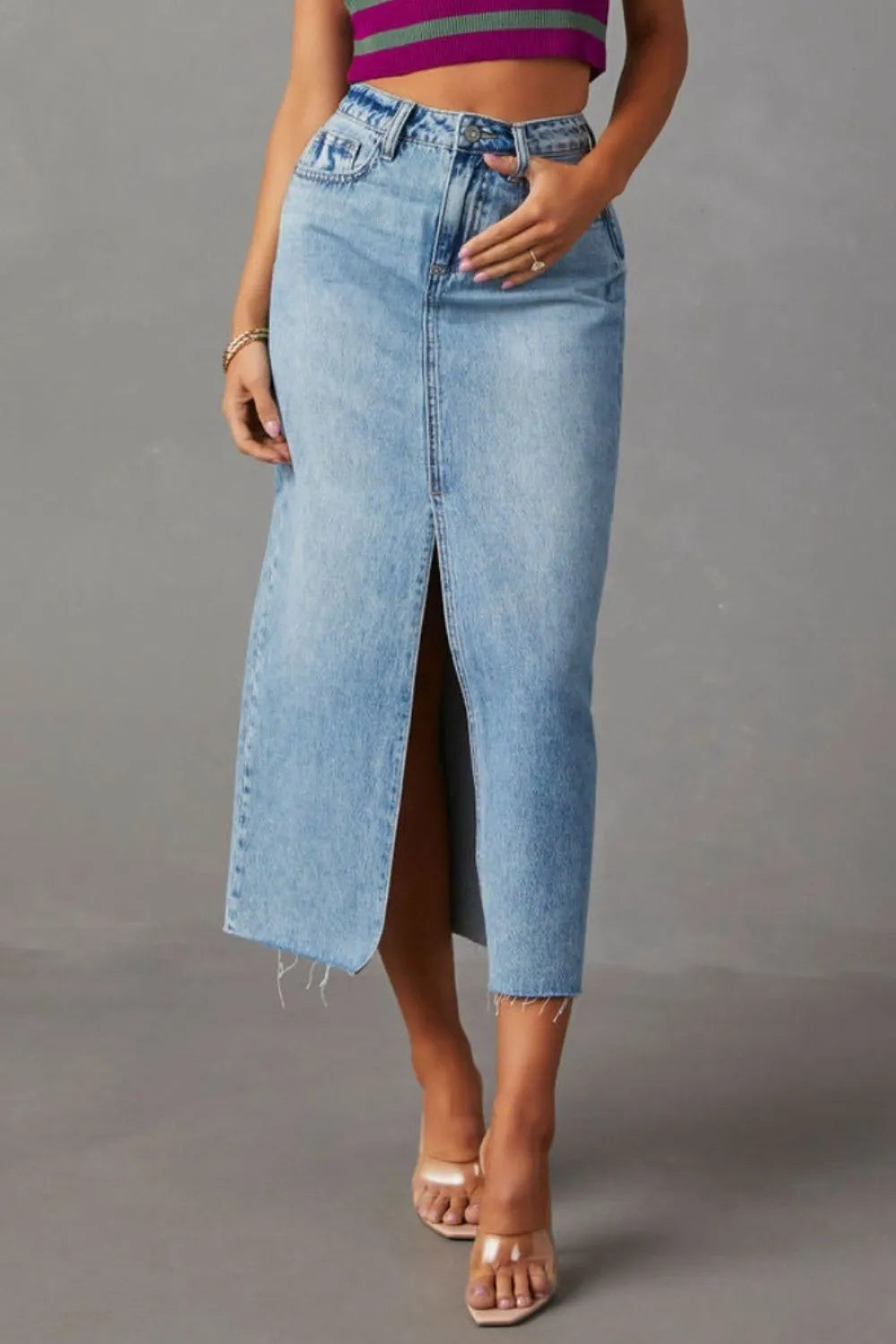 Slit Raw Hem Midi Denim Skirt by X@Y@K