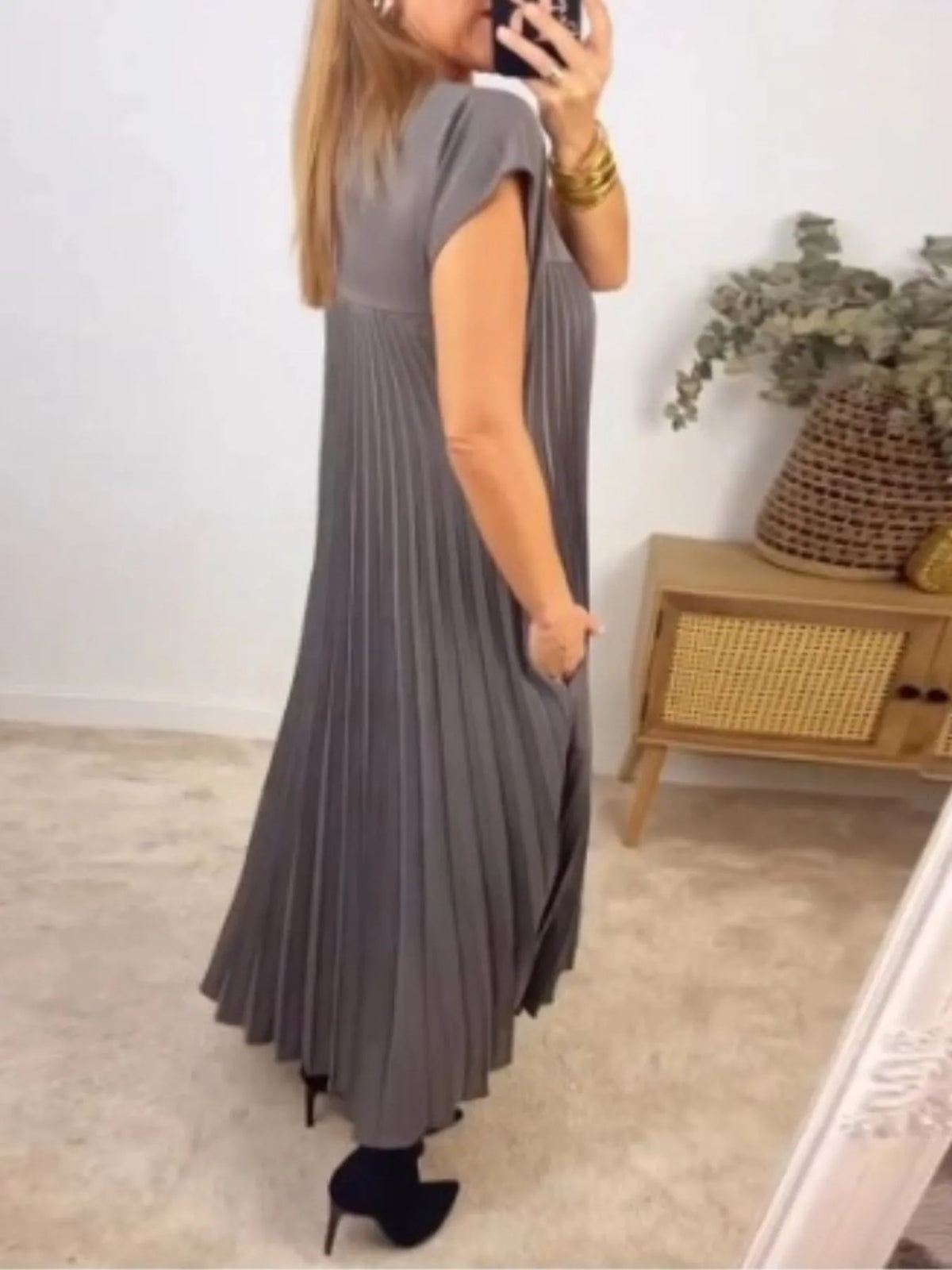 Pleated Round-Neck Maxi Dress with Pockets, Plus Size by Rosaline