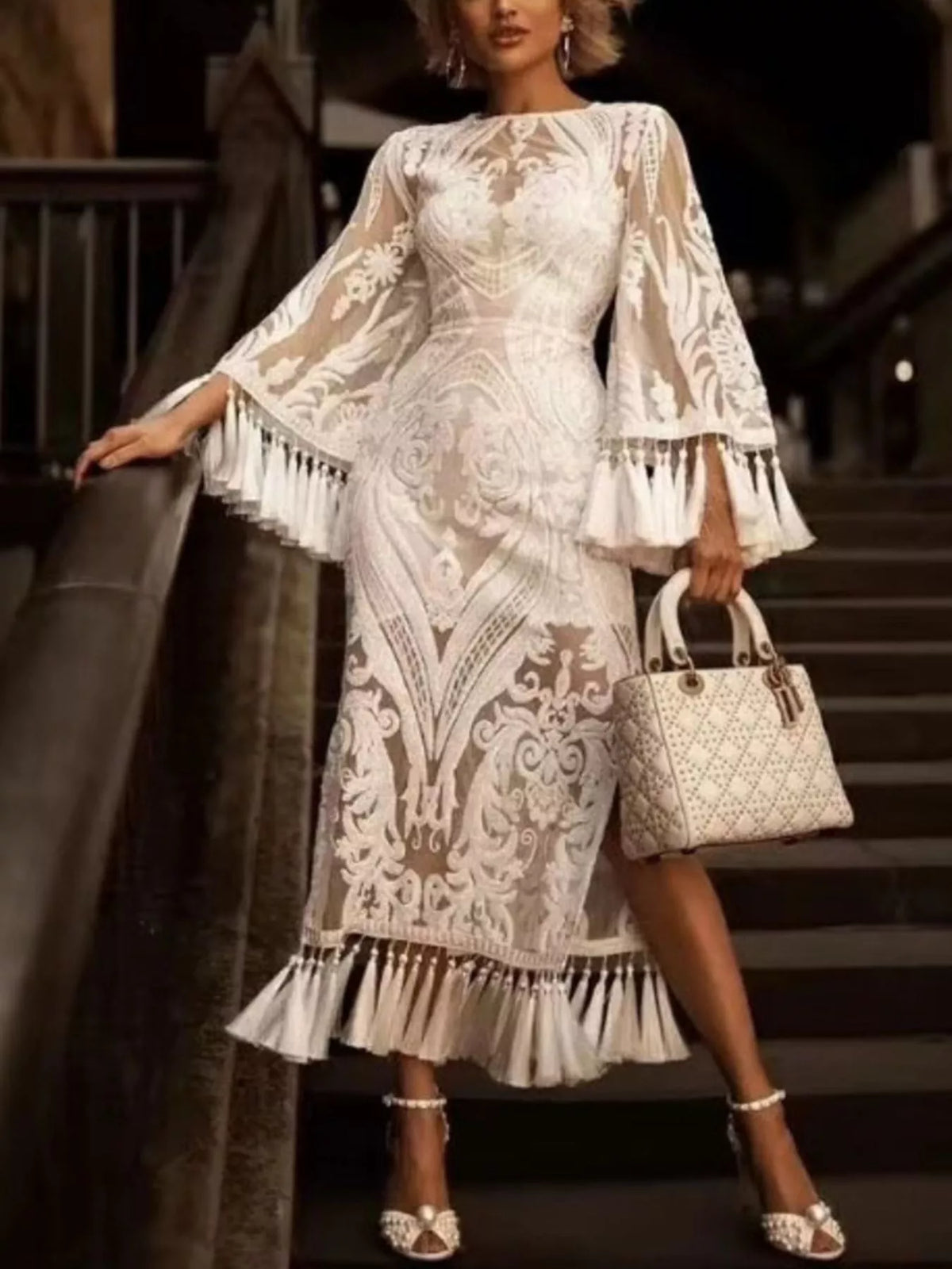 Tassel Hem Lace Flare Sleeve Dress in White