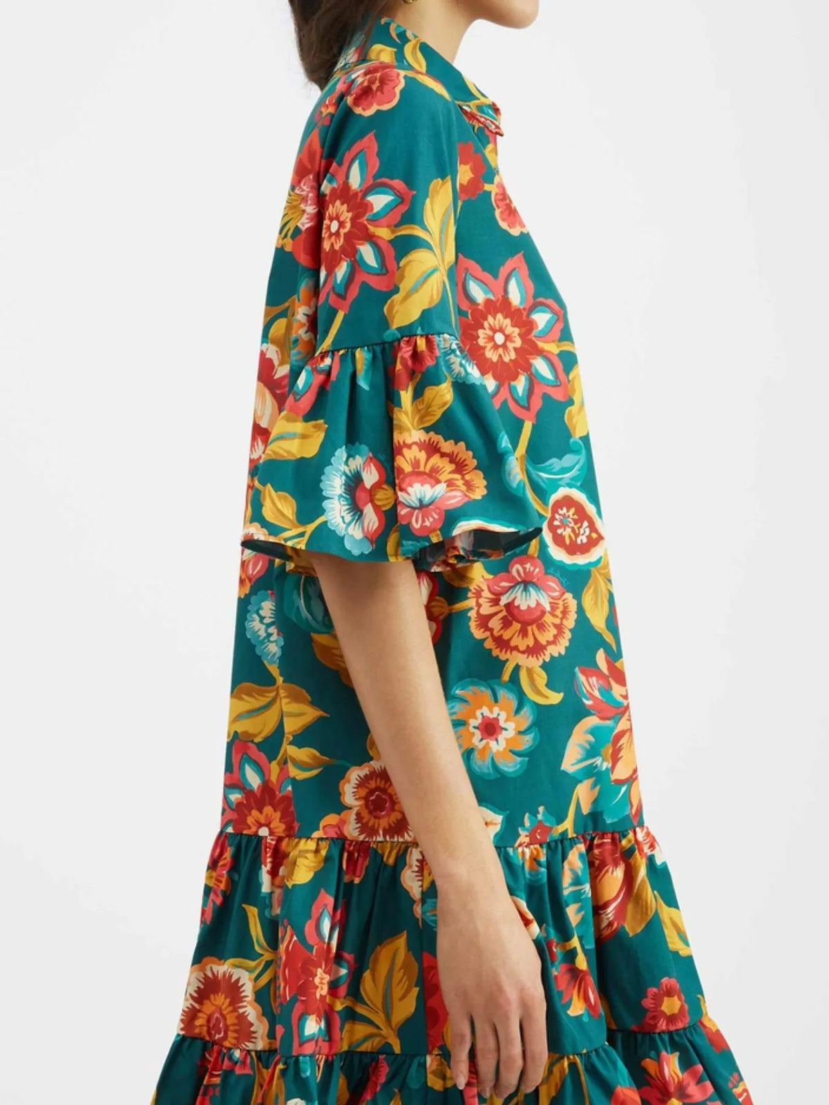 Buttoned Floral Ruffle-Sleeve Mini Dress by Rosaline