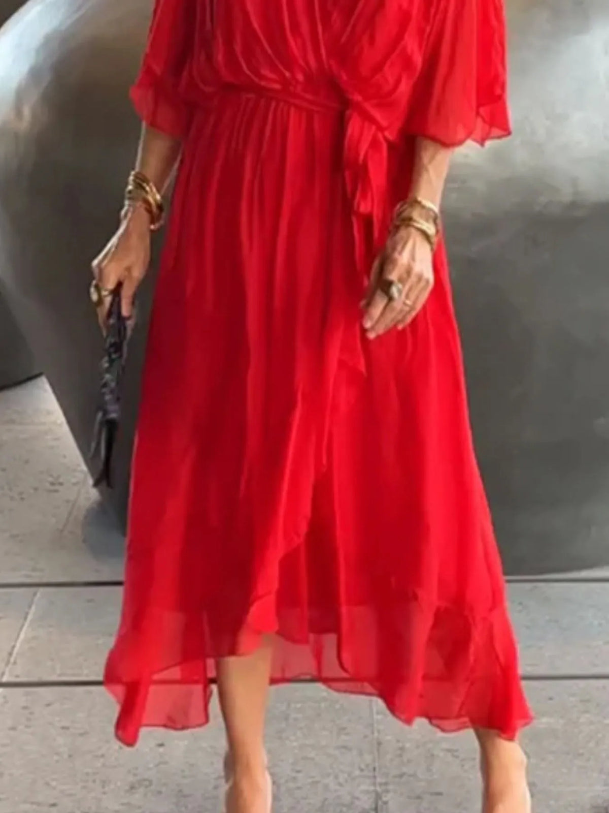 Flowy Tie-Front Midi Dress with Flutter Sleeves