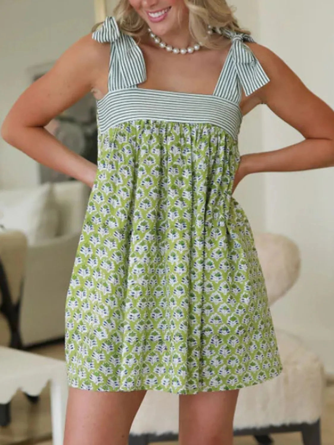 Printed Square Neck Tie-Shoulder Mini Dress by Mystique Q