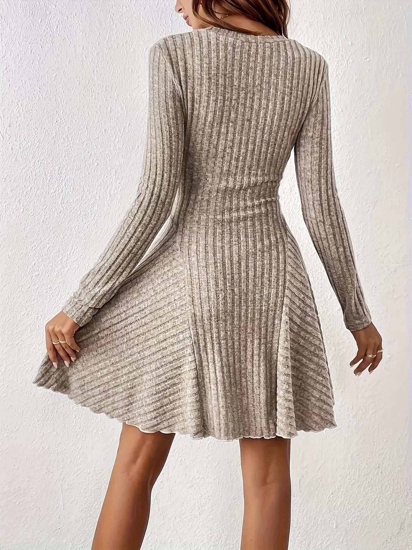 V-Neck Ribbed Knit Flared Dress