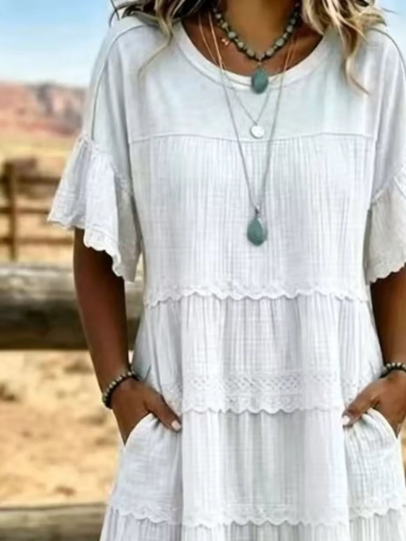 Tiered Ruffle Sleeve Midi Dress with Pockets