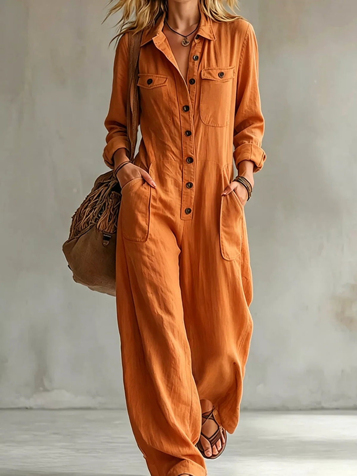 Long Sleeve Button Front Jumpsuit