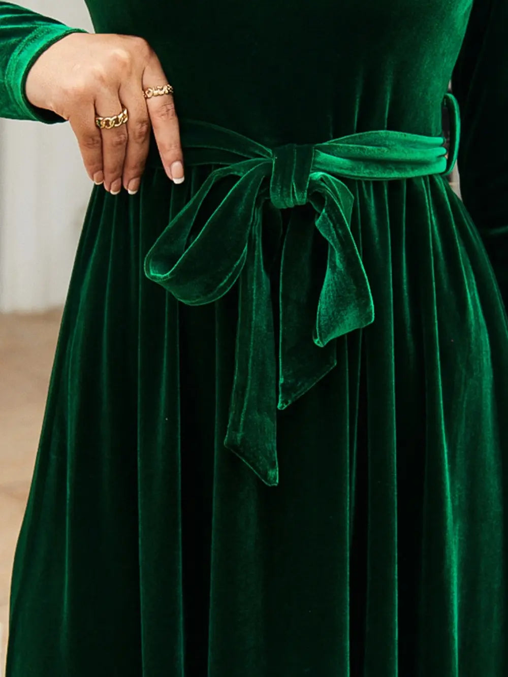 Tie-Front Round-Neck Long-Sleeve Maxi Dress