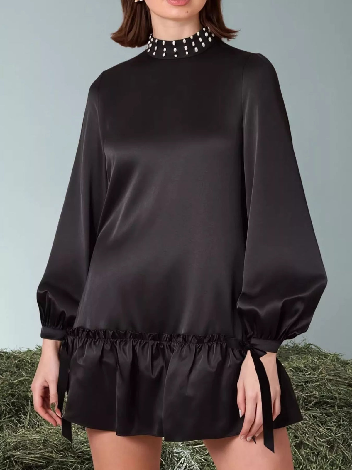 Pearl-Embellished Ruffle Hem Dress in Black