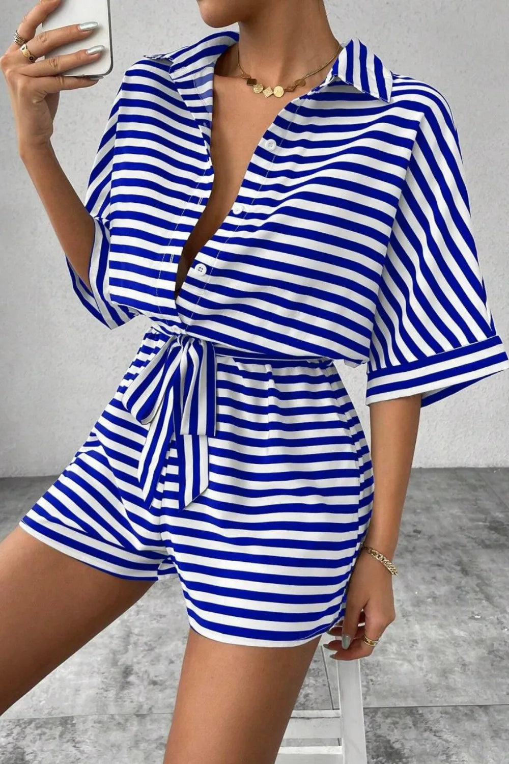 Striped Collared Tie Waist Romper
