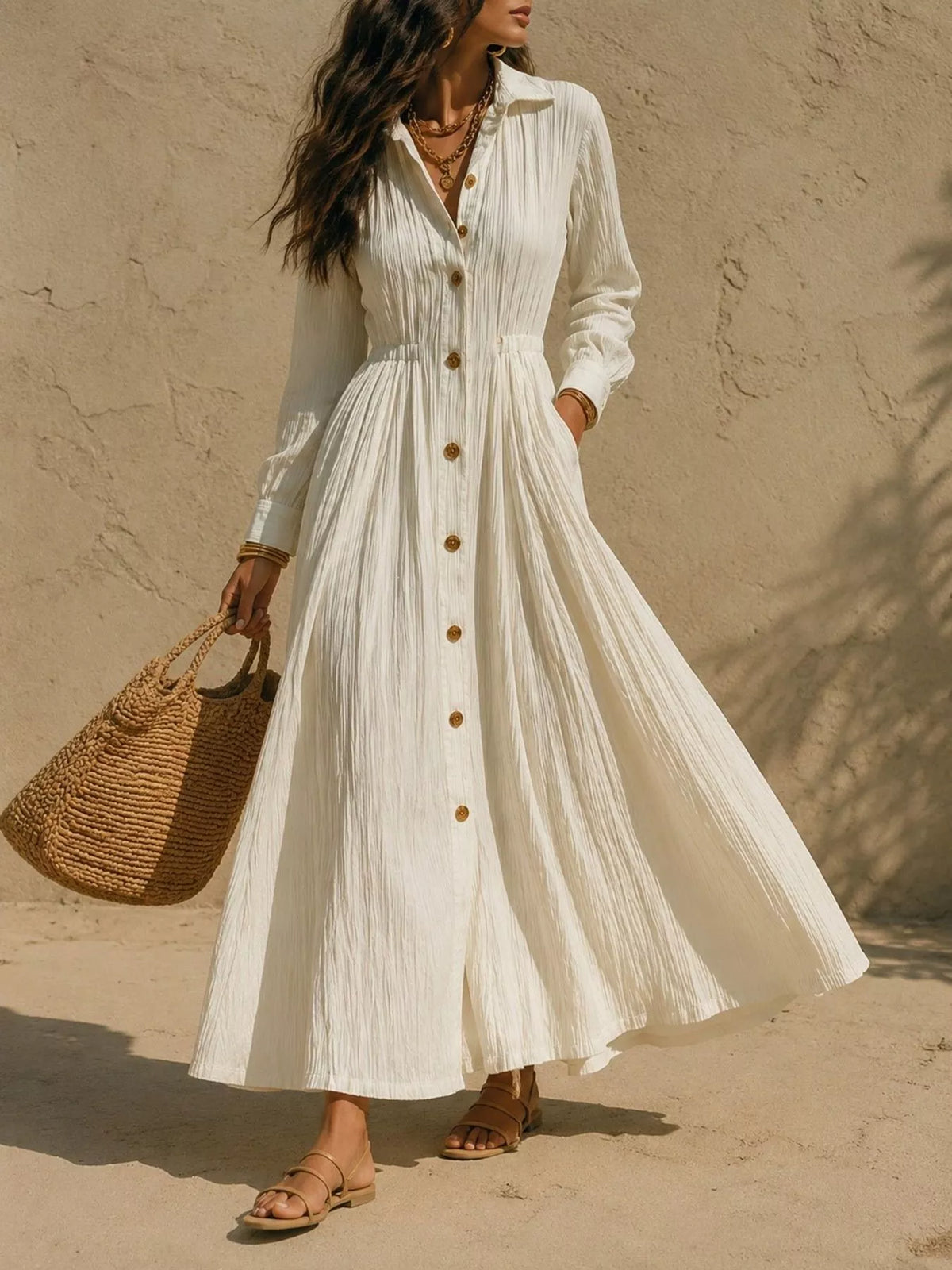 Textured Button Front Long Sleeve Maxi Dress