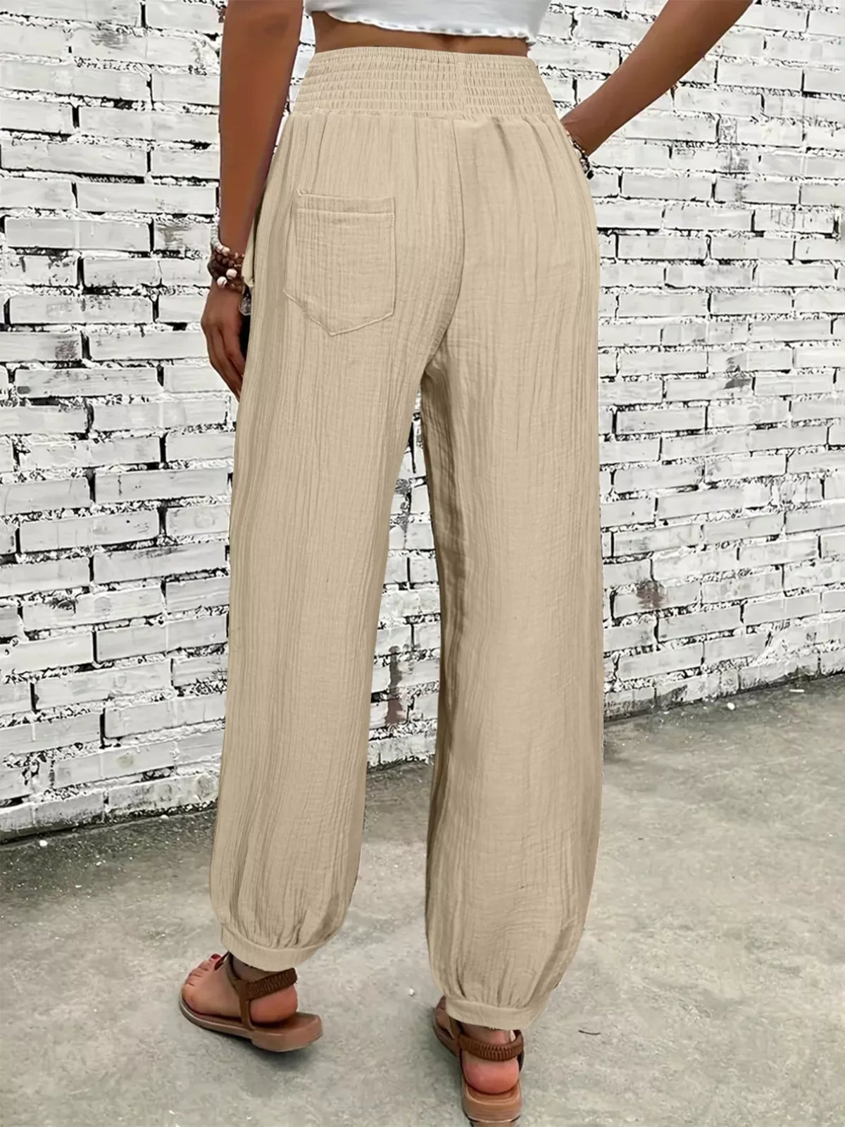 Smocked Textured Casual Pants in Beige