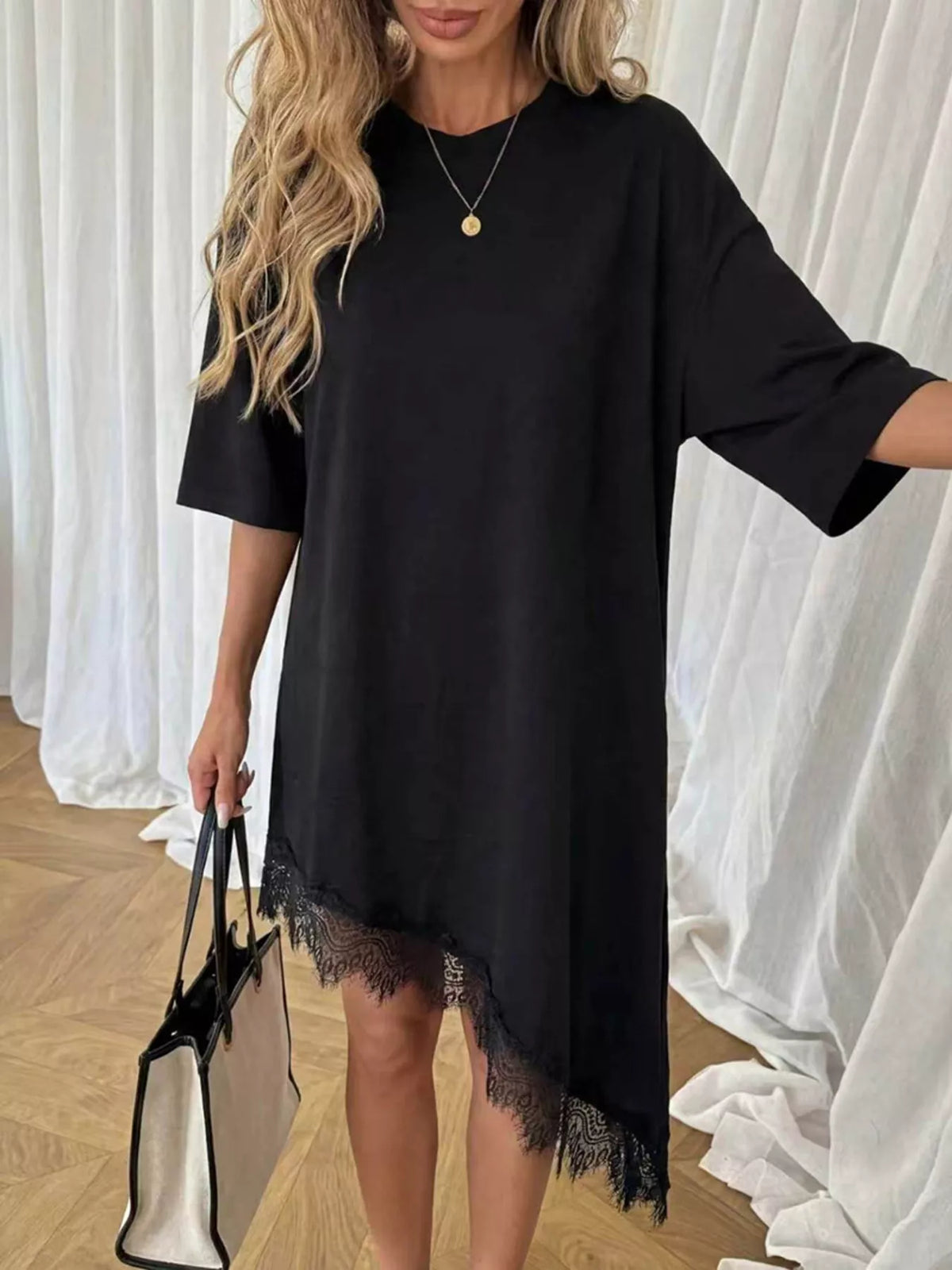 Asymmetrical Hem T-Shirt Dress with Lace Trim