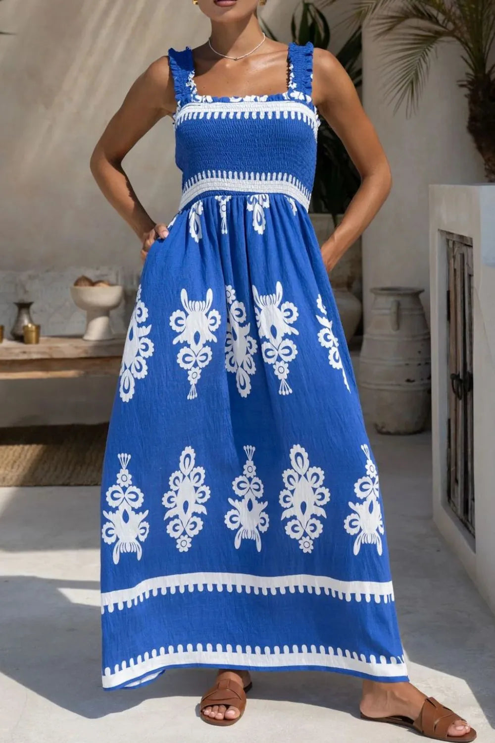 Printed Square Neck Cami Dress with Pockets