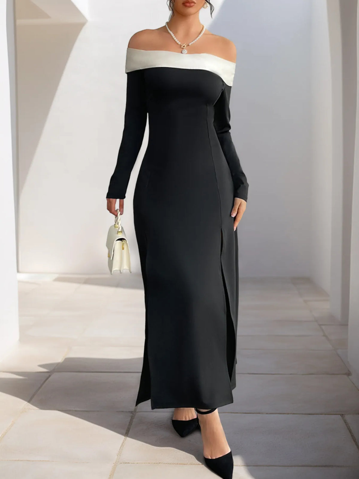 Side Slit Off-Shoulder Maxi Dress in Black