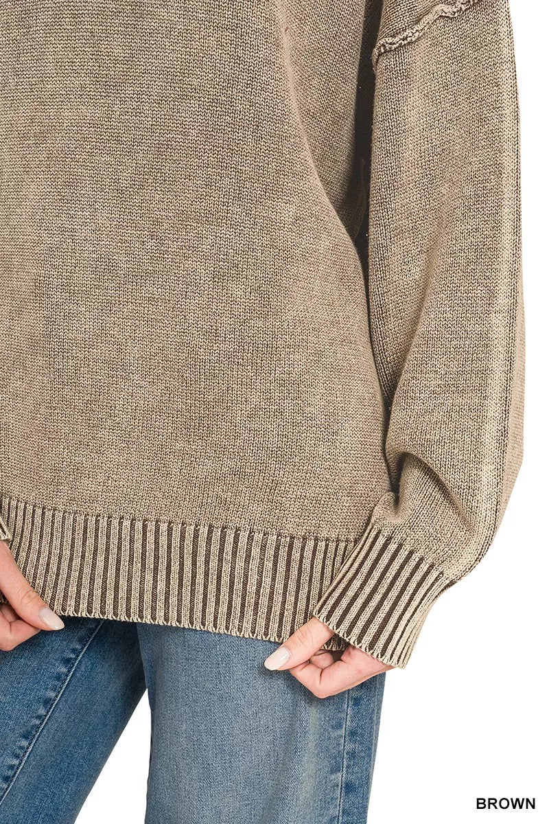 Zenana Washed Deep V-Neck Oversized Sweater in Brown