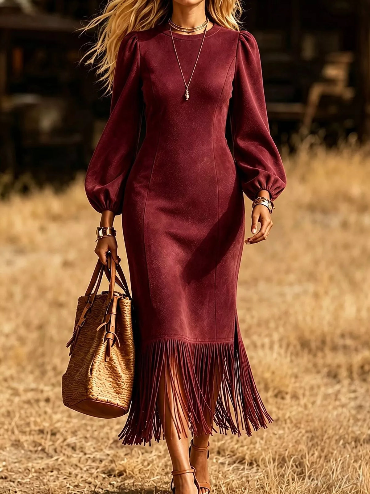 Fringe Hem Balloon Sleeve Midi Dress