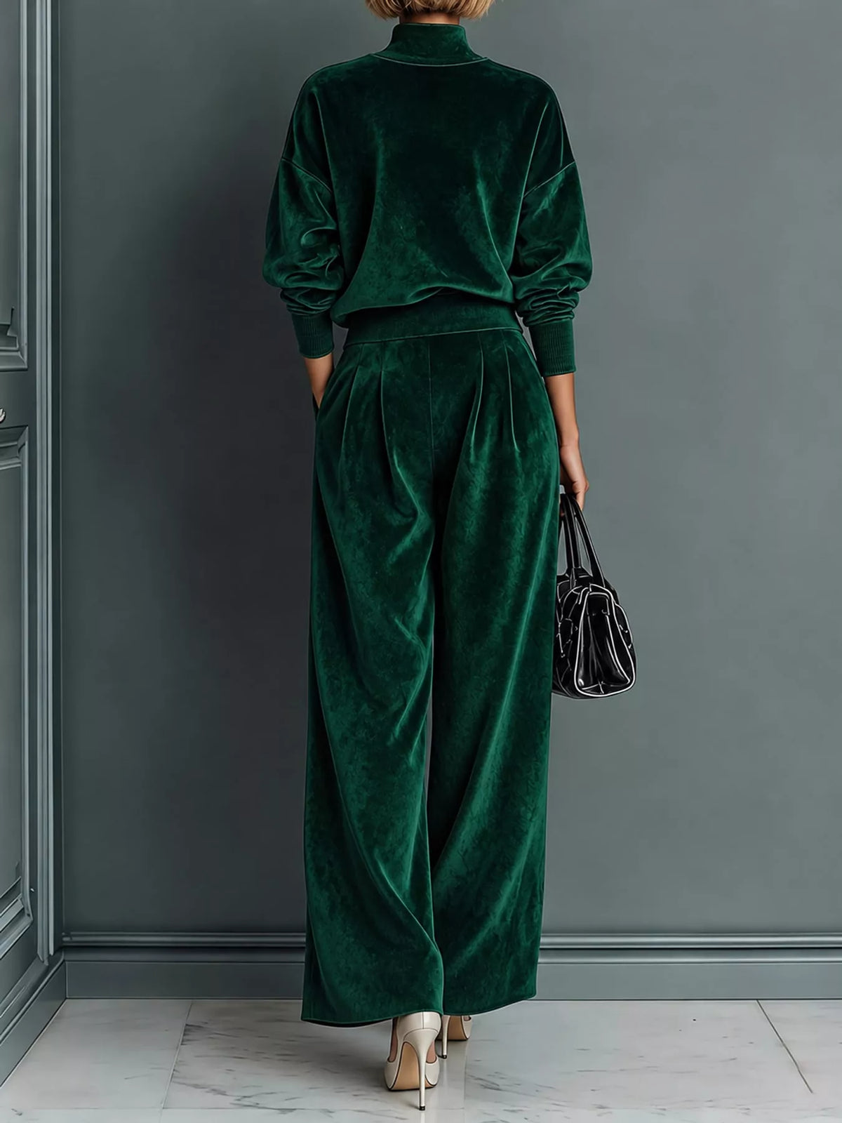 Velvet Mock Neck Top and Wide-Leg Pants Set
