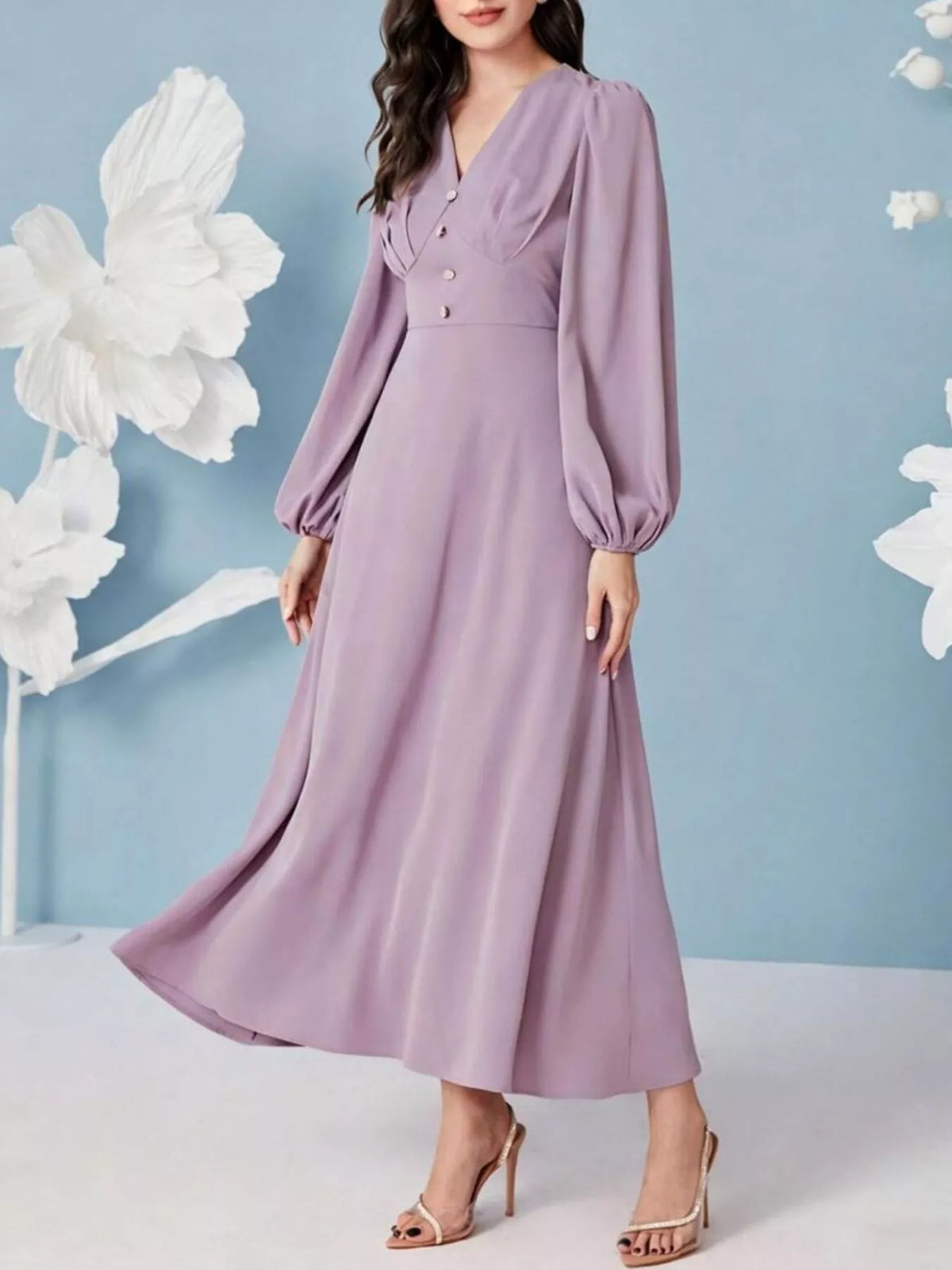 V-Neck Balloon Sleeve Maxi Dress in Lavender