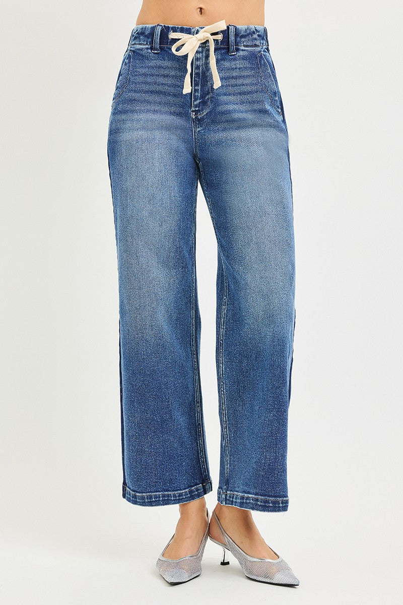 Risen Drawstring Cropped Wide Leg Jeans in Medium Wash