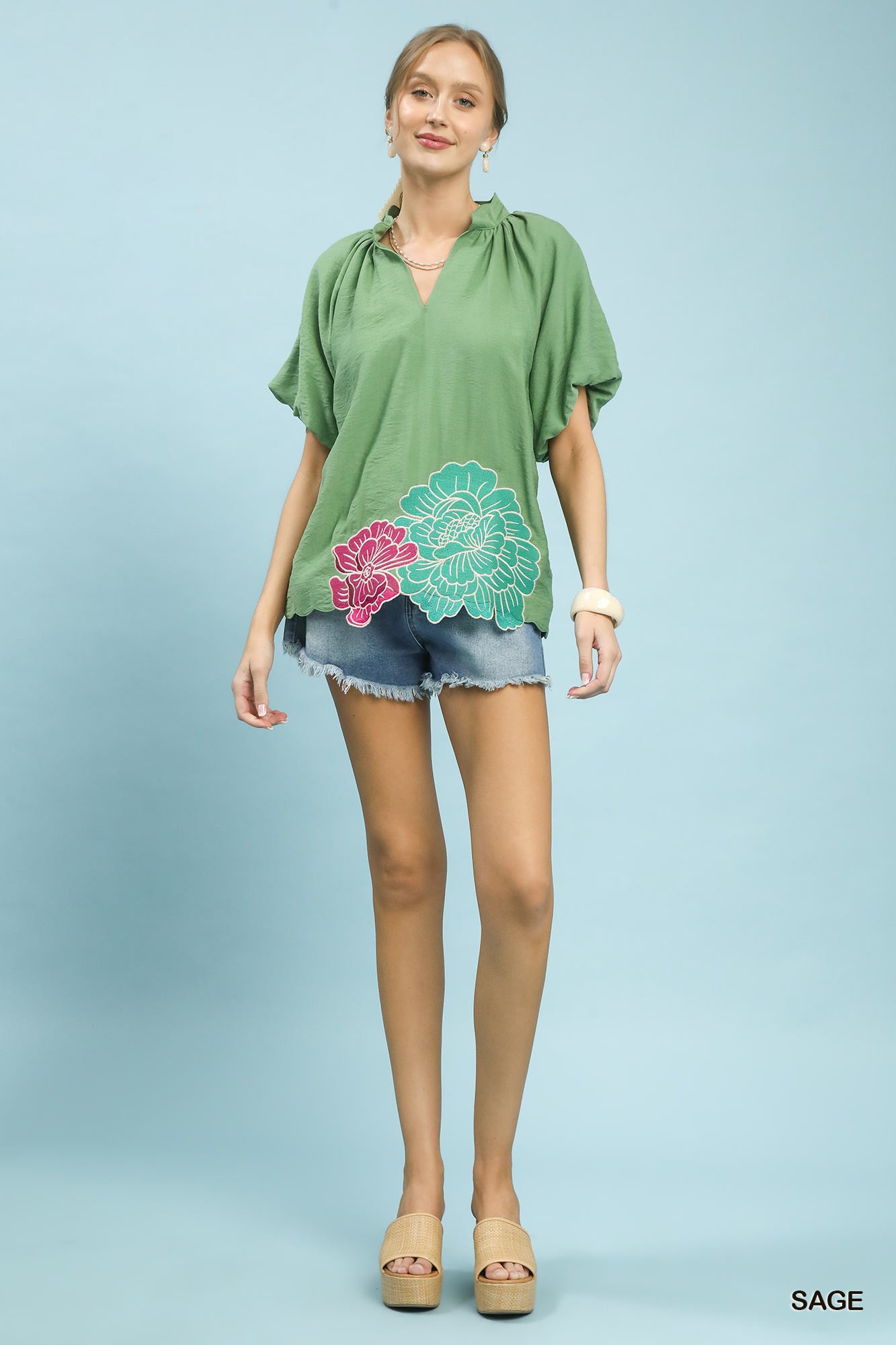 Umgee Floral Embroidered Hem Blouse in Sage