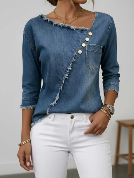 Asymmetric Raw-Edge Denim Top in Navy Blue