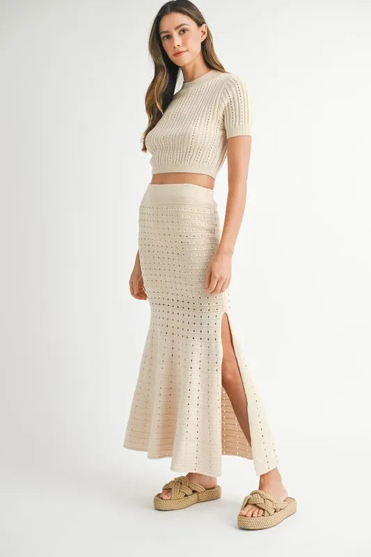 Pointelle Crop Top and Slit Skirt Set in Cream