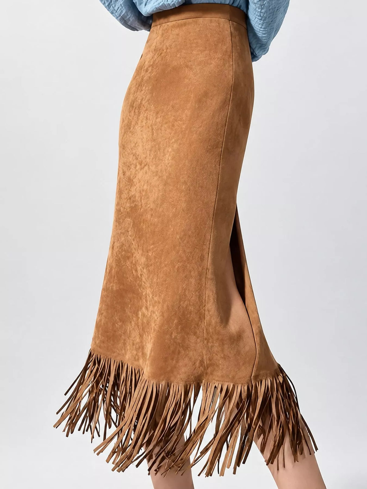 High-Waisted Fringe Midi Skirt