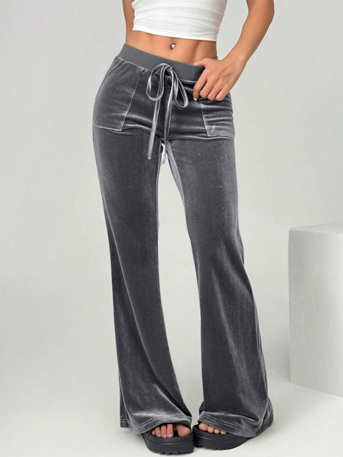 Velvet Flare Pants with Drawstring Waist
