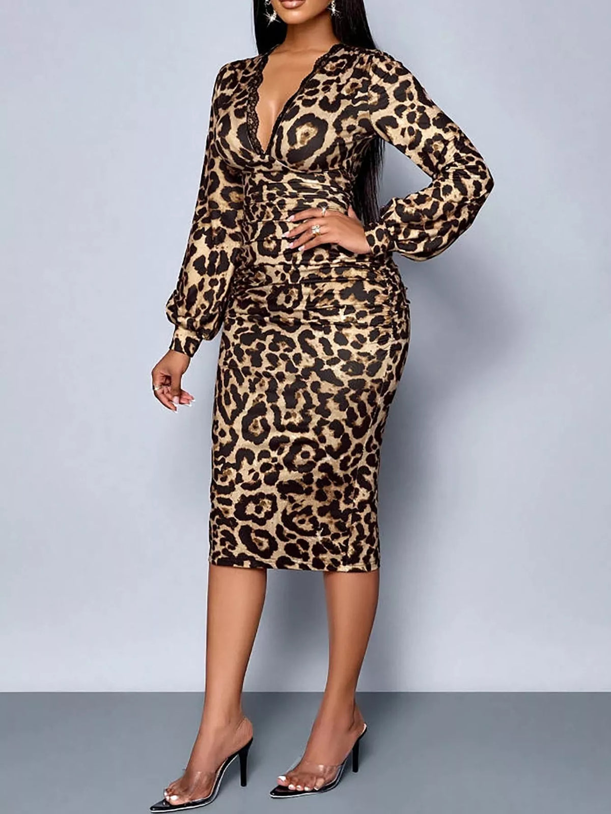 Lace-Detail Ruched Bodycon Midi Dress