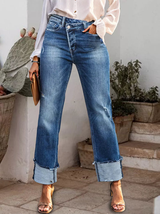 Stepped Waist Raw Hem Jeans in Medium Wash by Y.Y@Denim