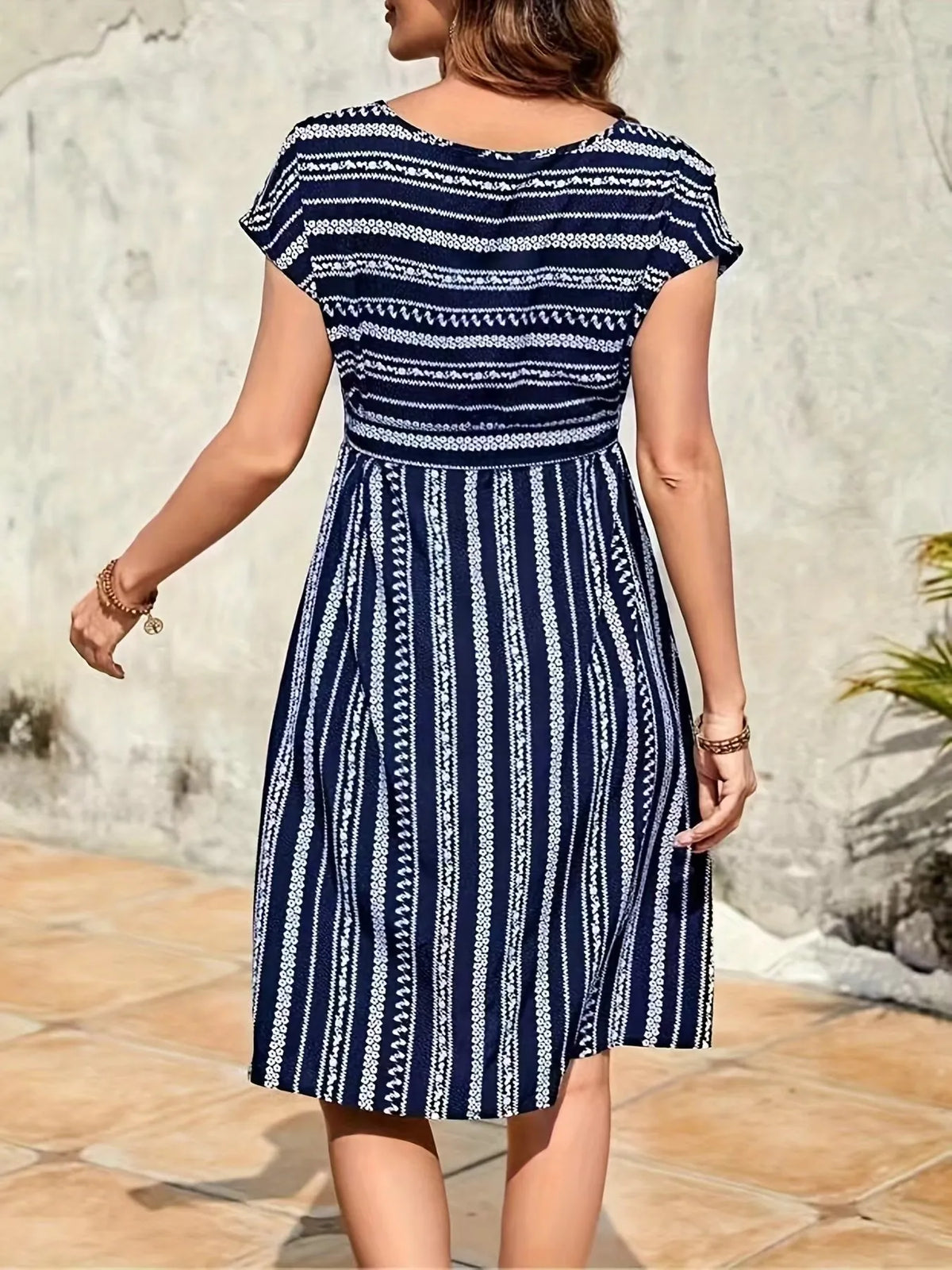 Striped Round Neck Short Sleeve Casual Dress by Elaine