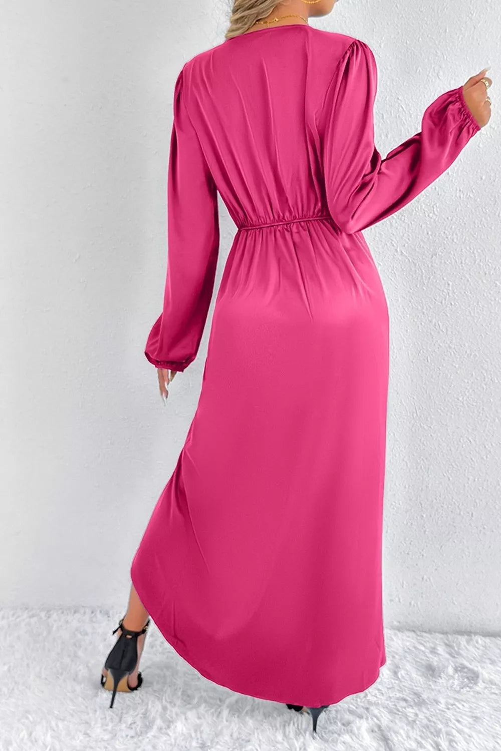 Satin Balloon Sleeve Midi Dress with Side Split