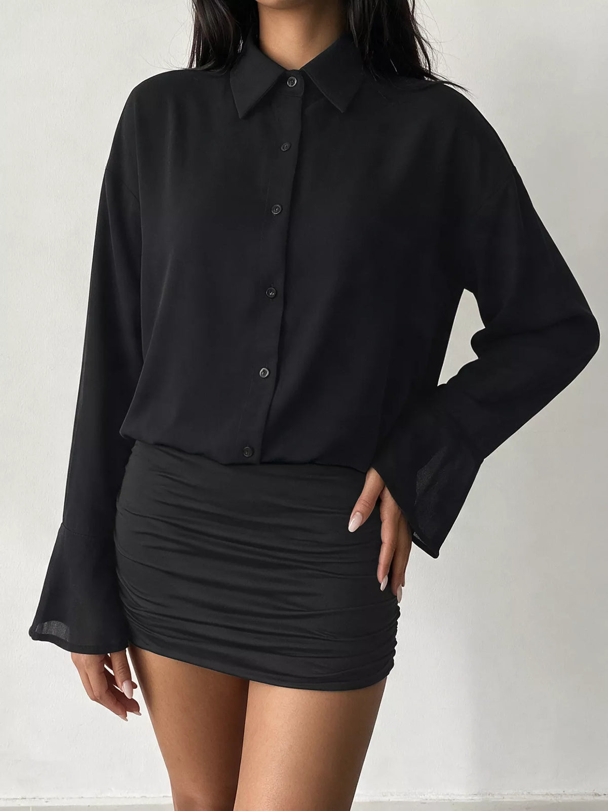 Button-Front Flounce-Sleeve Shirt Dress in Black