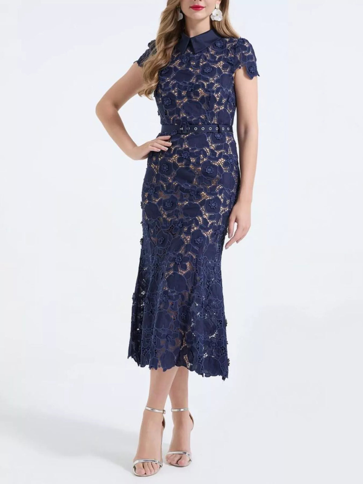 Floral Lace Short-Sleeve Midi Dress