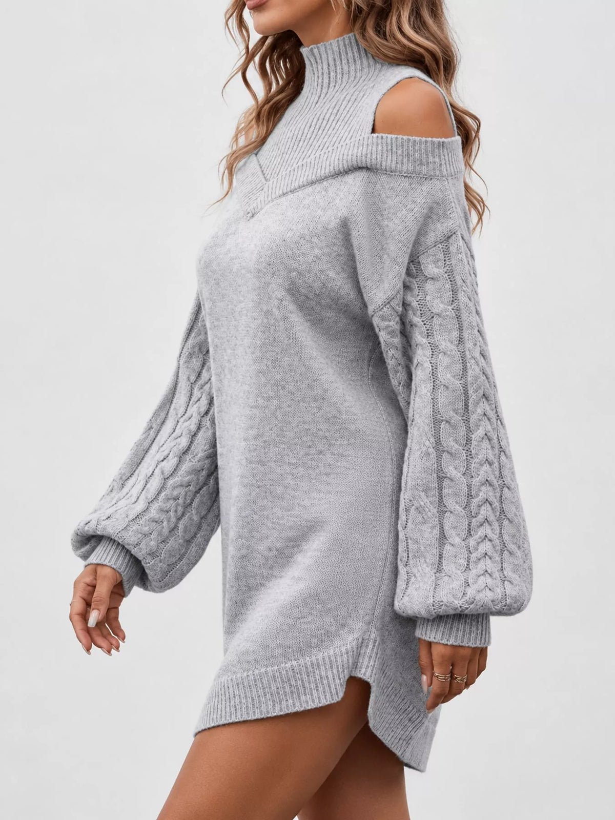 Cable-Knit Cold-Shoulder Mock-Neck Sweater Dress